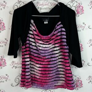 Bellissima long sleeve ruffle tiered ombré tie dye Black and Pink Striped Top